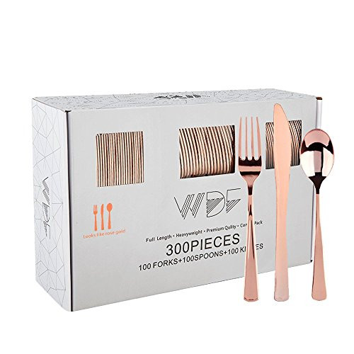 300 Pieces Rose Gold Plastic Silverware- Disposable Flatware Set-Heavyweight Plastic Cutlery- Includes 100 Forks, 100 Spoons, 100 Knives -WDF