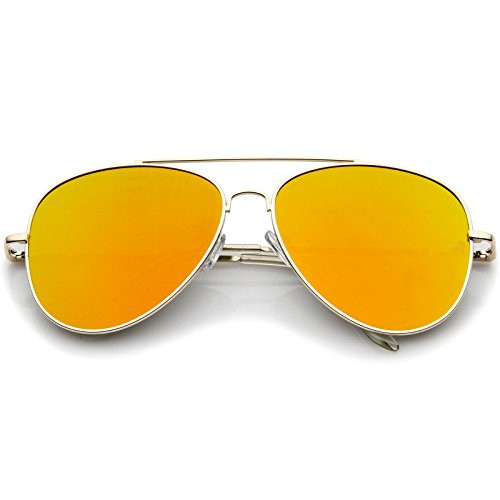 Large Metal Frame Colored Mirror Flat Lens Aviator Sunglasses 60mm -Gold/Orange Mirror-