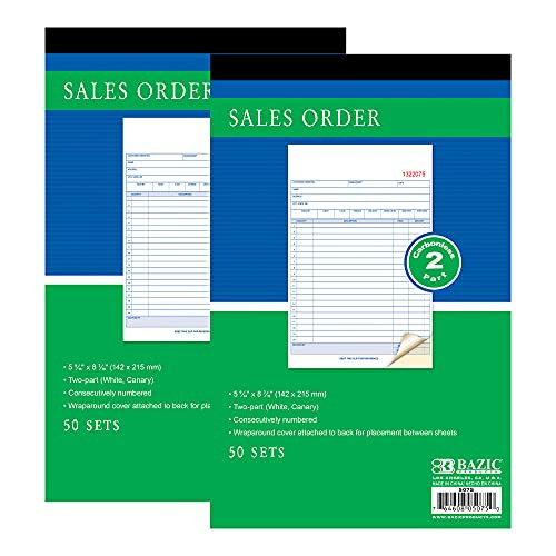 BAZIC Sales Order Book, 50 Sets 5 9/16" x 8 7/16" 2-Part Carbonless, White  and  Canary, Bound Wraparound Cover -50 Sets/Pack-, 2-Packs