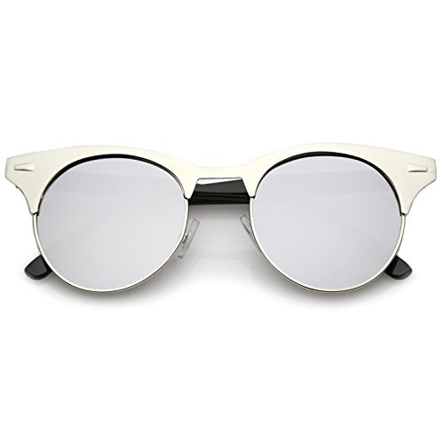 zeroUV - Women's Matte Finish Horn Rimmed Round Flat Mirror Lens Cat Eye Sunglasses 49mm -Silver-Black/Silver Mirror- zeroUV - Women's Matte Finish Horn Rimmed Round Flat Mirror Lens Cat Eye Sunglasses 49mm -Silver-Black/Silver Mirror-
