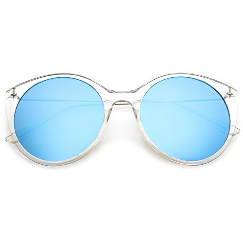 zeroUV - Transparent Frame Thin Metal Arms Mirrored Round Flat Lens Cat Eye Sunglasses 56mm -Clear/Blue Mirror- zeroUV - Transparent Frame Thin Metal Arms Mirrored Round Flat Lens Cat Eye Sunglasses 56mm -Clear/Blue Mirror-
