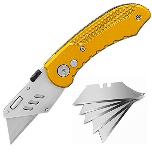 Folding Utility Knife Multipurpose Box Cutter, Quick Change, Easy Release Button, Belt Clip, Safely Lock-Back Design, Lightweight Aluminum Handle with 5 Extra Blades -Gold-