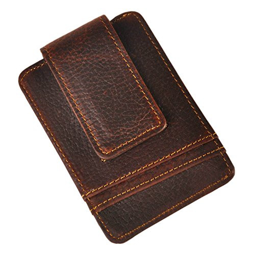 Le'aokuu Mens Genuine Leather Cowhide Magnet Money Clip Credit Case Case Holder Slim Wallet -W1058 Red-Brown-
