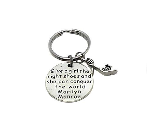 Antique Silver Give A Girl The Right Shoes and She Can Conquer The World Marilyn Monroe Quote Charm, Shoe Charm Keychain Gift Antique Silver Give A Girl The Right Shoes and She Can Conquer The World Marilyn Monroe Quote Charm, Shoe Charm Keychain Gift