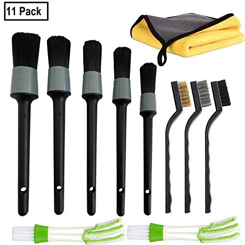 11 Pcs Auto Detailing Brush Set, Including 5 pcs Premium Detail Brush, 3 pcs Wire Brush and 2 pcs Automotive Air Conditioner Brush and Microfiber Towels for Cleaning Wheels, Interior, Exterior-Yellow-