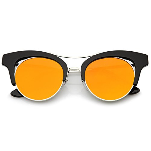 zeroUV - Women's Oversize Cutout Brow Bar Mirror Round Flat Lens Cat Eye Sunglasses 51mm -Black-Silver/Orange Mirror- zeroUV - Women's Oversize Cutout Brow Bar Mirror Round Flat Lens Cat Eye Sunglasses 51mm -Black-Silver/Orange Mirror-