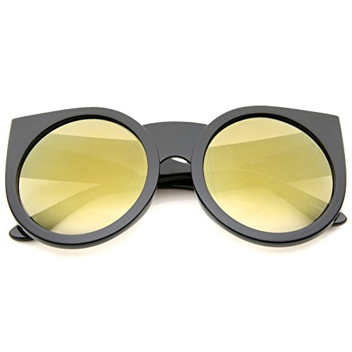 Womens Thick Frame Color Mirror Lens Round Cat Eye Sunglasses 55mm -Black/Gold Mirror-