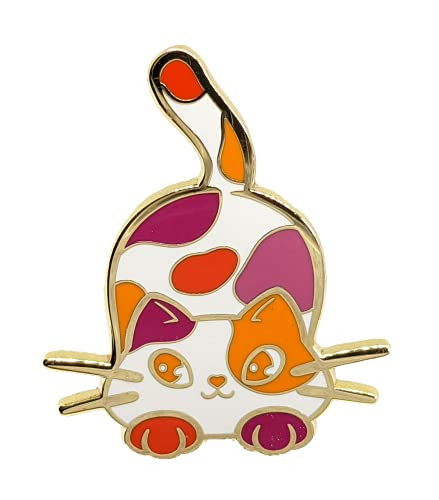 Lesbian Purride Calico Cat Hard Enamel Pin in Orange Lesbian Pride Flag Colors - Chibi Neko LGBTQ plus Subtle Pride Jewelry