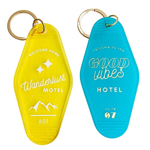 Motel Keychain -2pc- - Vintage Hotel Key Chain - Retro Keyring - Cute Keychains for Women - Pretty Keyfob for Girls - Wanderlust Good Vibes Among Us -Motel -Aqua/Yellow--