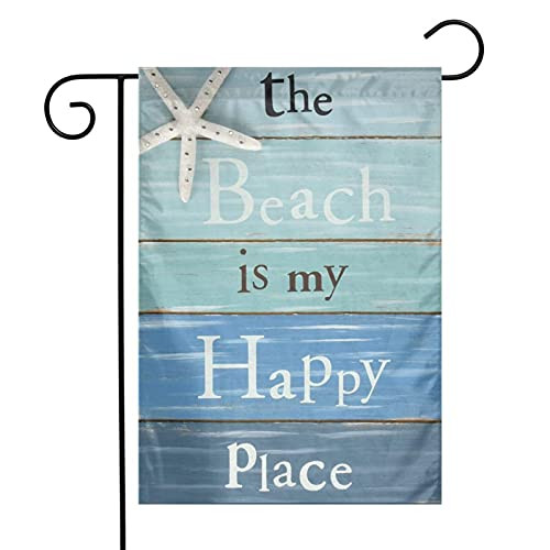Hitamus Decorative Quote The Beach is My Happy Place Outdoor Garden Flag Double Sided, Tropical Ocean House Yard Flag, Rustic Coastal Garden Yard Decorations, Home Seasonal Outdoor Flag 12 x 18