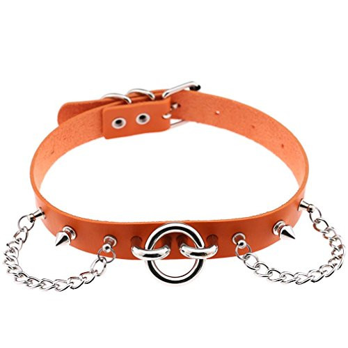eYLun Women Leather Necklaces Choker Girl Rivet Punk Rock Adjustable Chain Collar Necklaces Orange