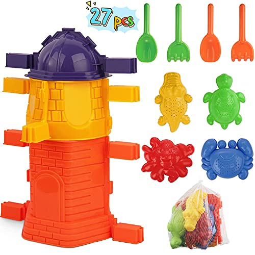 GOOLY Beach Sand Toys Set for Kids 27 Piece, Sand Castle Molds Kit with Mesh Bag, Animal Molds with Sifter, Shovel, Rake, Beach Sandbox Outdoor Castle Sand Toys for Toddlers