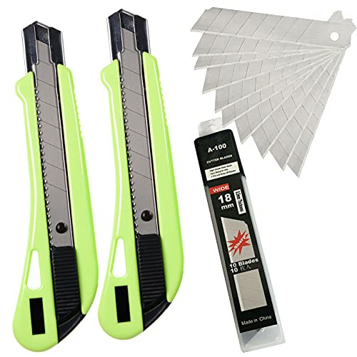 KINBRIEF 18mm Utility Knife Retractable Razor Box cutter for Cartons,Carboards Arts Crafts Pack 2 with 10 Snap off Blades for Office and Home ,black push Green