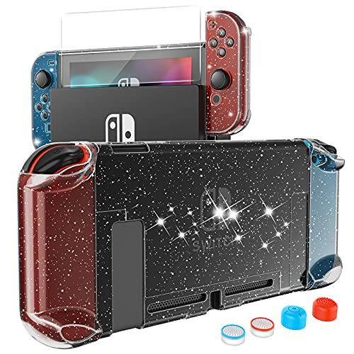 HEYSTOP Case Compatible with Nintendo Switch Dockable, Protective PC Cover Compatible with Nintendo Switch and Joy Con Controller with a Switch Screen Protector and 4 Thumb Stick Caps -Black Glitter-