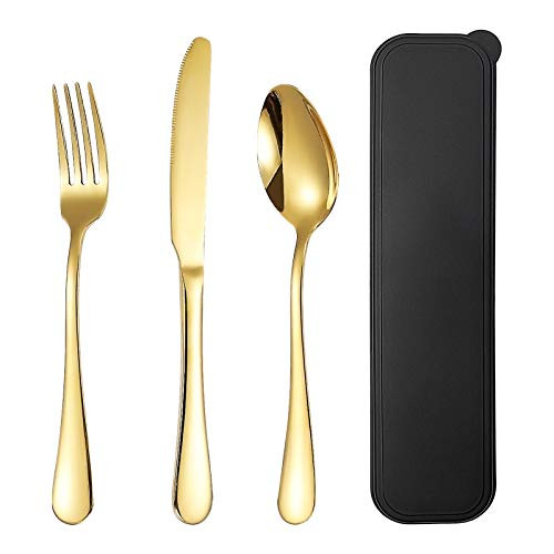 Portable Silverware Flatware Set with Case Stainless Steel Flatware Sets Include Knife Fork and Spoon with Case Reusable Utensil Set for Lunch Box and Travel?Gold?