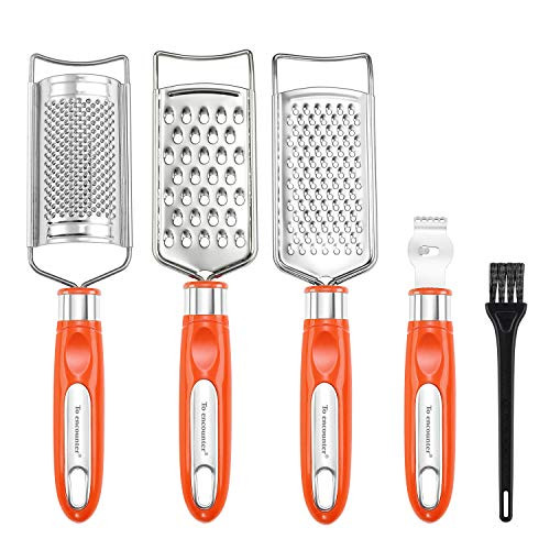 To encounter Set of 5 Cheese Grater  and  Peeler,Lemon Zester, Stainless Steel Multi-purpose Kitchen Food Grater Slicer for Vegetable, Fruit, Chocolate With Cleaning Brush -Orange-