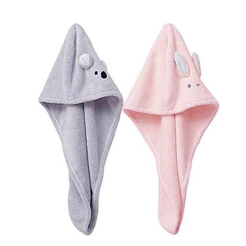 SOLUSTRE 2pcs Coral Fleece Hair Towel Wrap, Super Absorbent Hair Turban Wrapped Bath Cap Hair Quick Dry with Buttons Bath Loop Quick Dry Hair Drying Towels