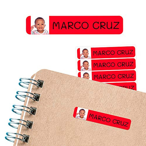 50 Personalized Stickers, with Photo or Image, 6 x 1 cm, to Mark Objects, Books, Lunch Boxes, etc. Basic Red Color