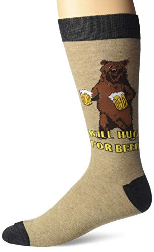 K. Bell-Men's Food and Drink Casual Novelty Crew Socks, Will Hug For Beer -Brown Heather-, Shoe Size- 6-12