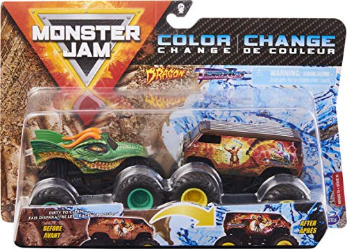 Monster Jam, Official Dragon vs. Thunder Bus Color-Changing Die-Cast Monster Trucks, 1-64 Scale