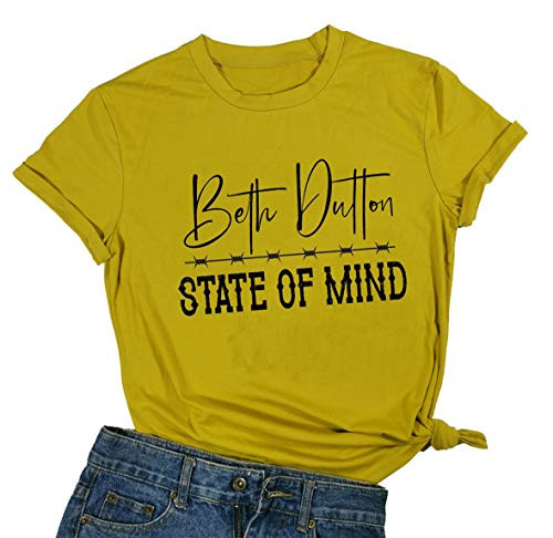 Don't Make Me Go Beth Dutton On You Shirt Women Yellowstone Tv Show with Funny Saying Short Sleeve Graphic Tee Tops Casual -Yellow, Large-