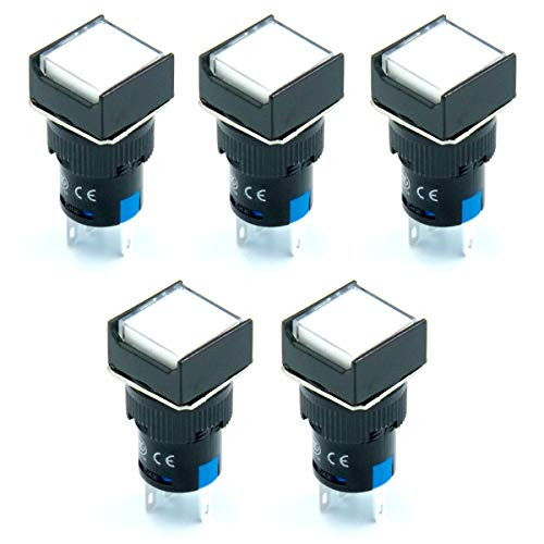 Bookh 16mm 1NO 1NC SPDT Push Button Switch Latching Square LED Lamp White Light AC DC 24V 5 Pin 5 Pack