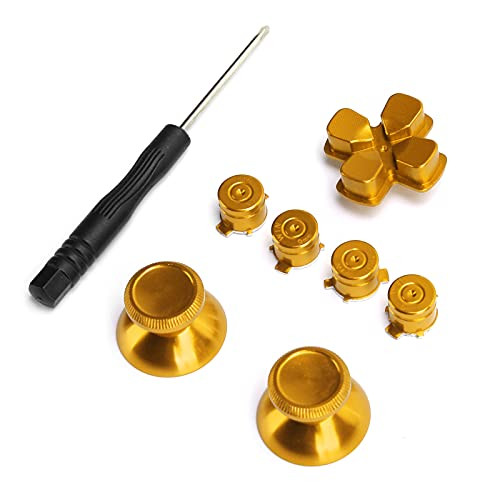Metal Buttons,Thumbsticks Analog Grip  and  Bullet Buttons  and  D-pad for PS4 Gamepad Controller Joystick Replacement-Golden-