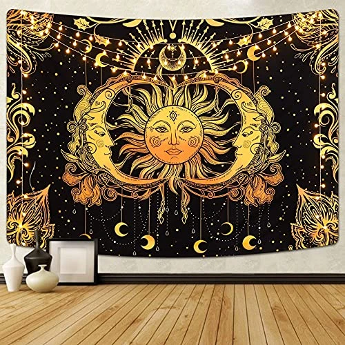Sun and Moon Tapestry Stars Tapestry Black and Gold Wall Tapestry Psychedelic Moon Tapestry Trippy Celestial Tapestry Wall Hanging for Room -51.2 x 59.1 inches-