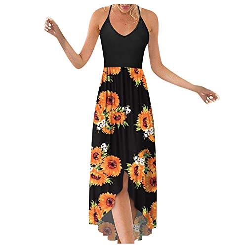 POLLYANNA KEONG Long Flowy Dress for Women,Long Maxi Dress for Women Casual Gradient Sunflower Print V Neck Sleeveless Summer Party Cami Dress with Pockets