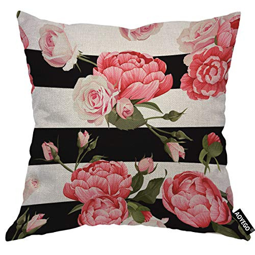 AOYEGO Floral 18x18 Inch Pillow Cover Pink Peony and Rose Flower Green Leaves on Black White Stripes Decorative Throw Pillow Case Square Cushion Cotton Linen Canvas for Women Men