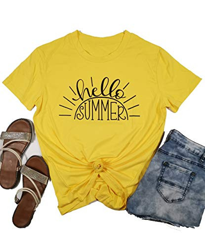 Hello Summer Tshirts Women Cute Summer Shirts Letter Printed Summer Tops Casual-Medium,Yellow-