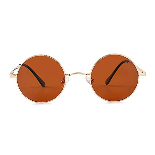 Retro Small Round Polarized Sunglasses for Women Men John Lennon Style Circle Hippie Sun Glasses-Gold/Brown-