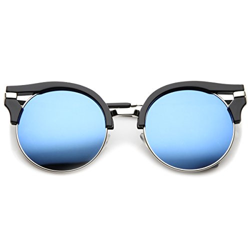 Round Half-Frame Cutout Color Mirror Flat Lens Cat Eye Sunglasses 56mm -Black-Silver/Blue Mirror-