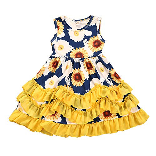 Kids Toddler Baby Girls Fall Dresses Outfits Floral Maple Leaf Print Princess Party Tutu Skirt Ruffle Dress Winter Clothes -Sunflower, 5-6 Years-