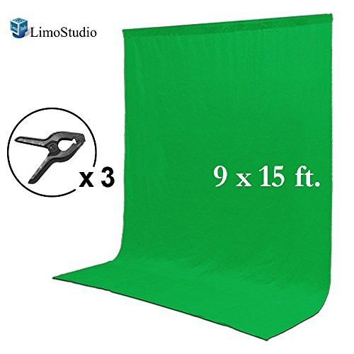 LimoStudio 9 x 15 ft. Green Chromakey Muslin Backdrop Background Screen for Photo Video Studio, 3 x Backdrop Clamp, AGG1777