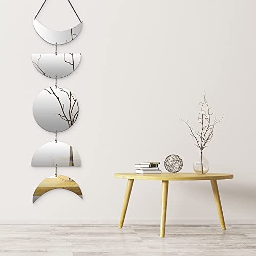Moon Phase Mirror Decorative Moon Phase Mirror Boho Wall Hanging Mirror Bohemian Decor Acrylic Silver and Golden Moon Hanging Decor for Bedroom Living Room -Double Silver-