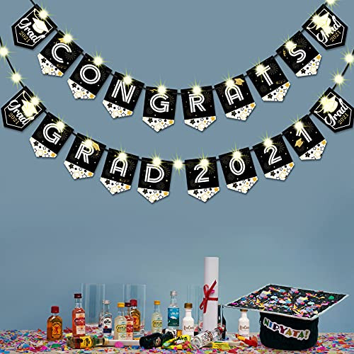 Congrats Grad Banner Decoration Graduation Party Bunting Banner with 2 Strings Lights Congrats Grad 2021 Hanging Party Banners for Graduation Party Supplies Grad Party Decor Photo Props -Black-