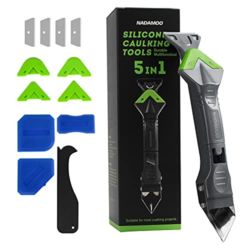 Silicone Caulking Tool Kit 5-in-1 with 4 Replaceable Blades, Caulk Remover, Glass Glue Angle Scraper, Grout Remover tool, Sealant Scraper - Caulking finish Tools for Kitchen Bathroom Window Sink Joint