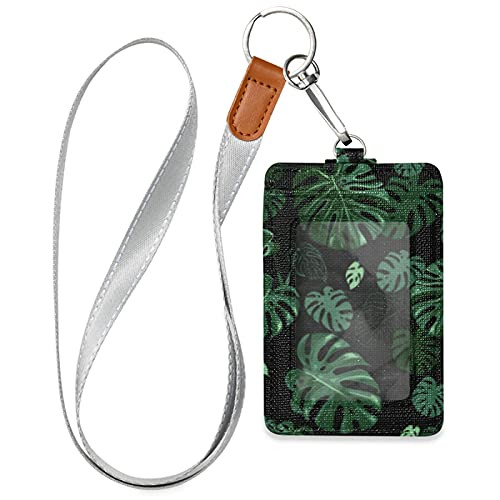 OTVEE Tropical Green Monstera Leaves Badge Holder, PU Leather ID Card Case Wallet with Neck Lanyard and Key Ring