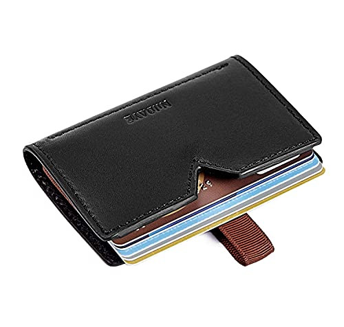 Credit Card Wallet Genuine Leather Card Case Minimalist Wallet RFID Blocking Pocket Credit Card Holder for Women  and  Men -Black-