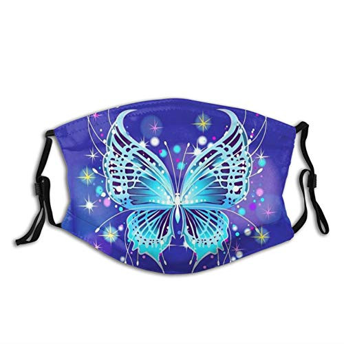LAIPUTER Beautiful Blue Sparkly Butterfly Fashion Face Mask With Filter Pocket Washable Face Bandanas Dust-Proof Balaclava Reusable Fabric Mask For Men Women