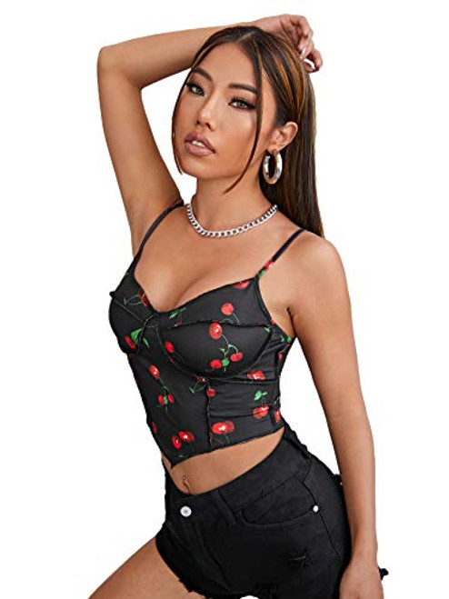 Floerns Women's Graphic Print Sleeveless Asymmetrical Hanky Hem Crop Cami Top Black Cherry M