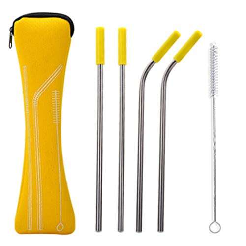 WiseLight 4 Pcs Stainless Steel Straws Reusable Metal Straws with Silicone Tips Portable Drinks Smoothie Milkshakes Drinking Straws Set with Cleaning Brush and Bag, Yellow