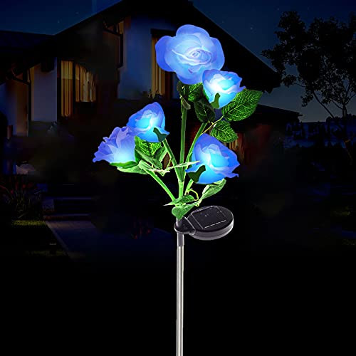 Outdoor Solar Garden Rose Lights, Upgraded LED Solar Powered Light with 5 Rose Flowers, Waterproof Solar Decorative Stake Lights for Garden Pathway Backyard Christmas Decoration Parties -Blue-
