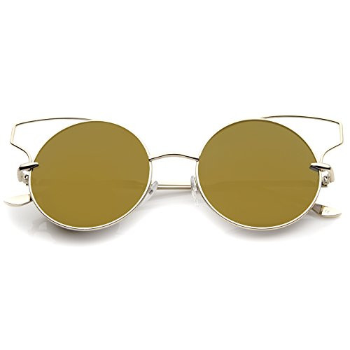 Women's Wire Open Metal Frame Color Mirror Lens Round Cat Eye Sunglasses 52mm -Gold/Gold Mirror-