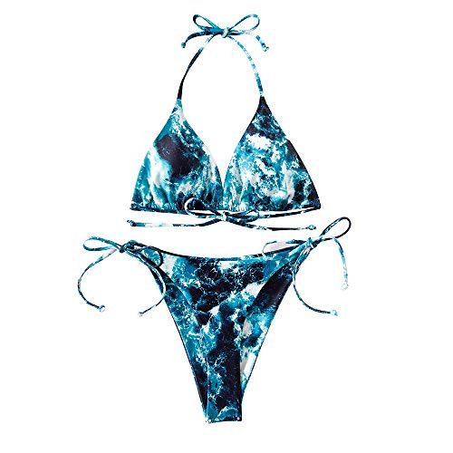 Mtalii Women's String Bikini Halter Triangle Bikini Top Tie Side Thong Bottom Sexy Swimsuits Two Piece Bathing Suits Seawater Blue M