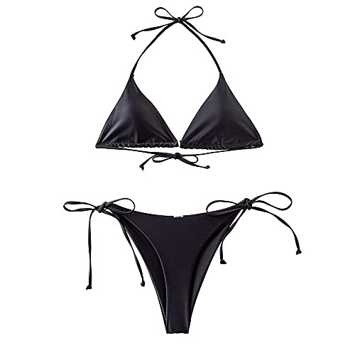 Mtalii Women's String Bikini Halter Triangle Bikini Top Tie Side Thong Bottom Sexy Swimsuits Two Piece Bathing Suits Black L