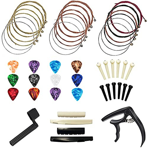Thetrushow Guitar Accessories Kit Including Acoustic Guitar Strings,String Winder,Picks,Bone Bridge Nut,Bone Bridge Saddle,Bridge Pins,Capo,Picks for Guitar Players Beginners-48Pcs-
