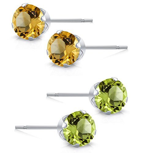 Gem Stone King 925 Sterling Silver Green Peridot and Yellow Citrine Stud Earrings For Women Gemstone Birthstone Set of 2 -Each 4MM-