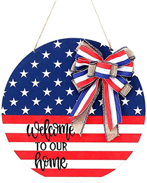 Patriotic Welcome Sign Wreath for Front Door, Independence Day Wooden Door Ornaments 4th of July Memorial Day Handcrafted Hanging Home Sign Decor for Window Wall Decoration Patriotic Welcome Sign Wreath for Front Door, Independence Day Wooden Door Ornaments 4th of July Memorial Day Handcrafted Hanging Home Sign Decor for Window Wall Decoration